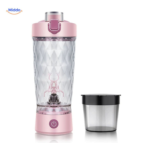 shaker électrique coloris vert foncé avec tête de mixeur apparente pour protéines et smoothies