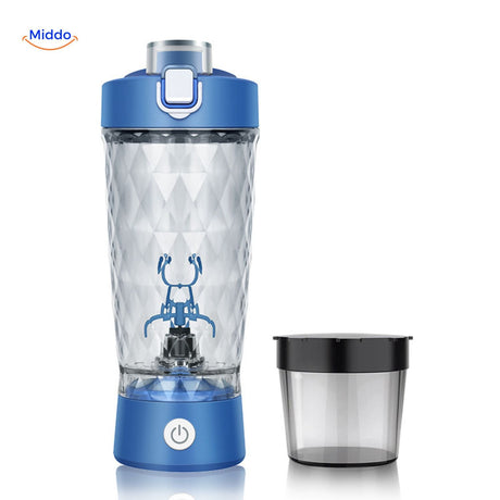 shaker mixeur coloris bleu avec conteneur de rangement pour une nutrition sportive pratique