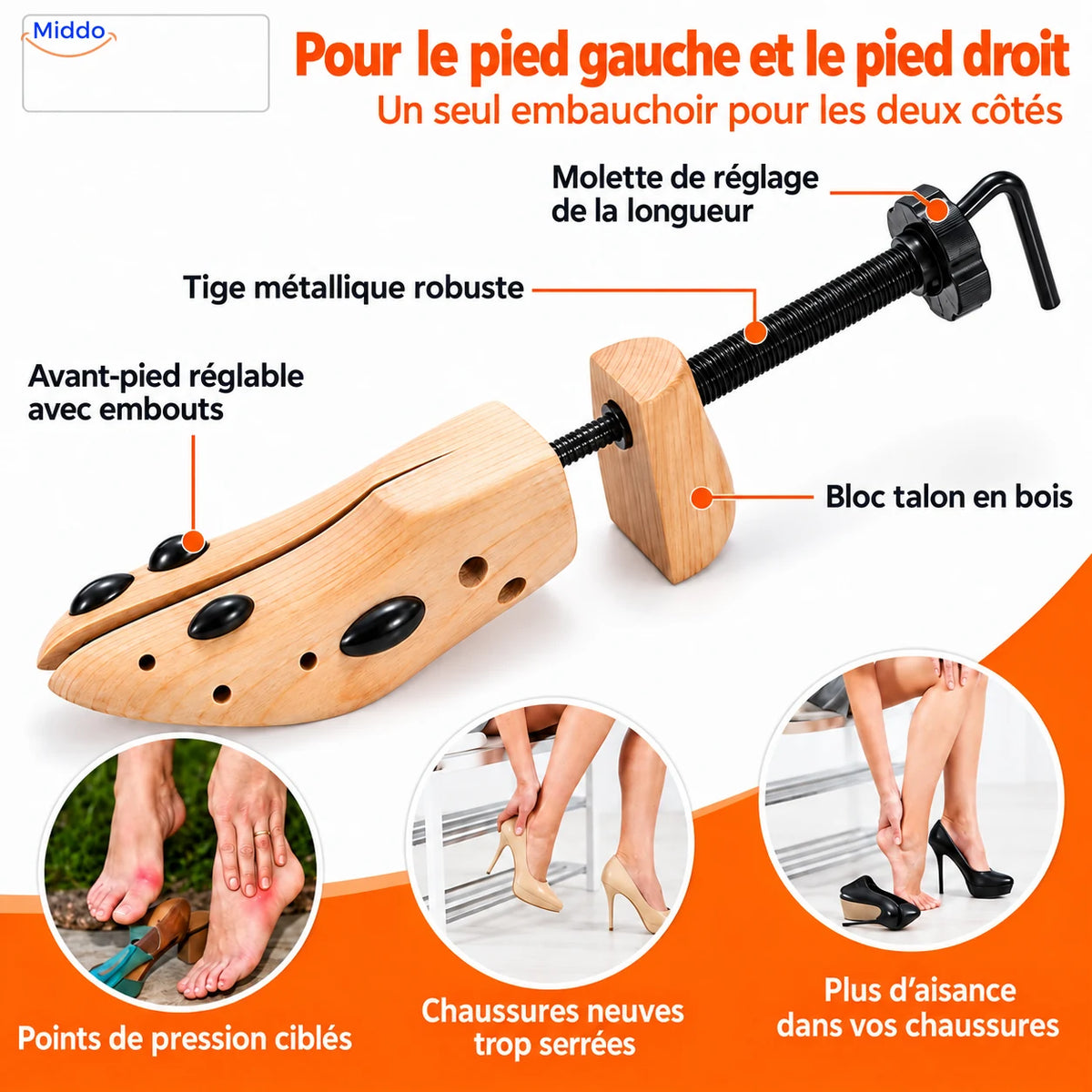 Embauchoir réglable pour le pied gauche et le pied droit.