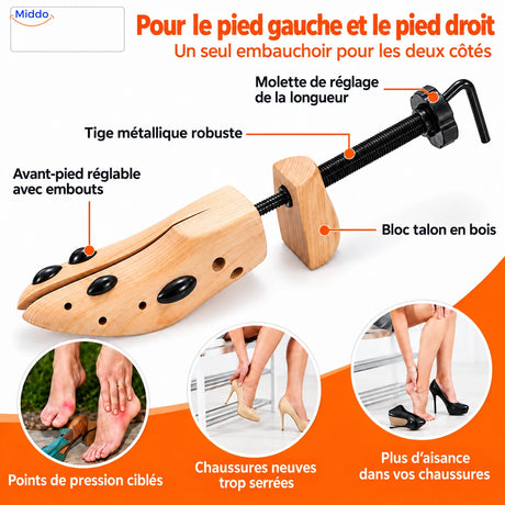 Embauchoir réglable pour le pied gauche et le pied droit.