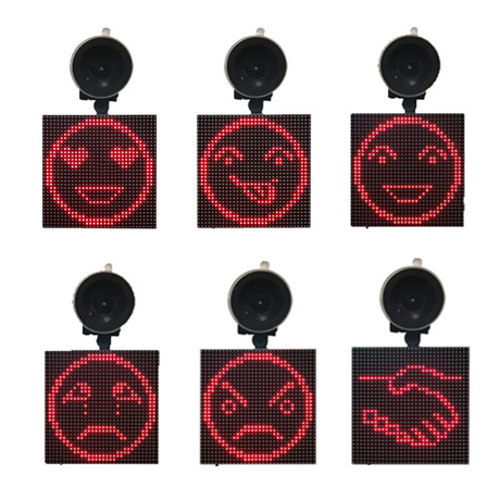 six emojis pixel expressifs — content, en colere, amoureux — avec ventouse, en rouge sur fond blanc