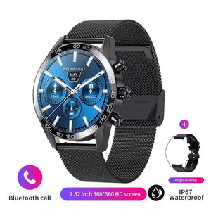 smartwatch noire avec cadran bleu et bracelet en métal noir, affichage du temps, podomètre et batterie