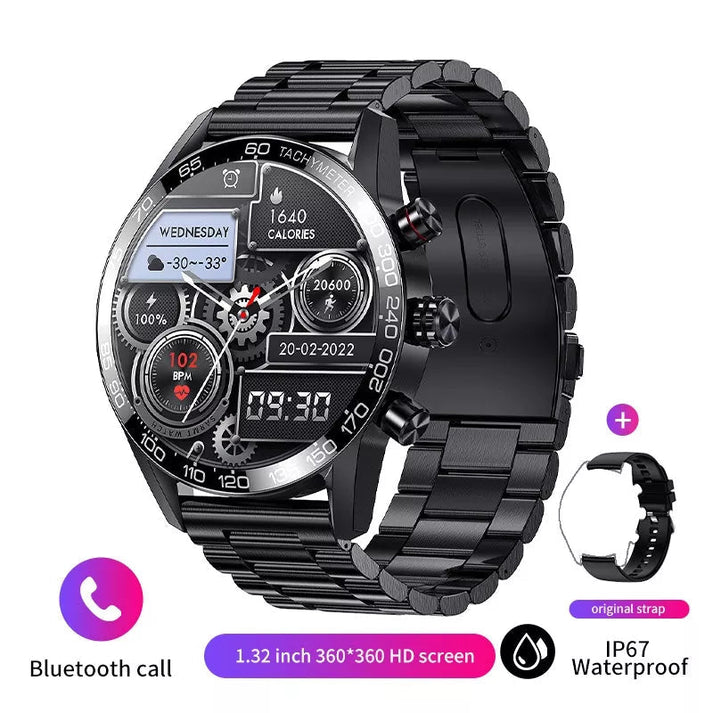 smartwatch noire en métal avec affichage numérique du temps, podomètre, météo et batterie, bracelet noir