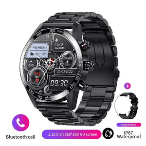 smartwatch noire en métal avec affichage numérique du temps, podomètre, météo et batterie, bracelet noir