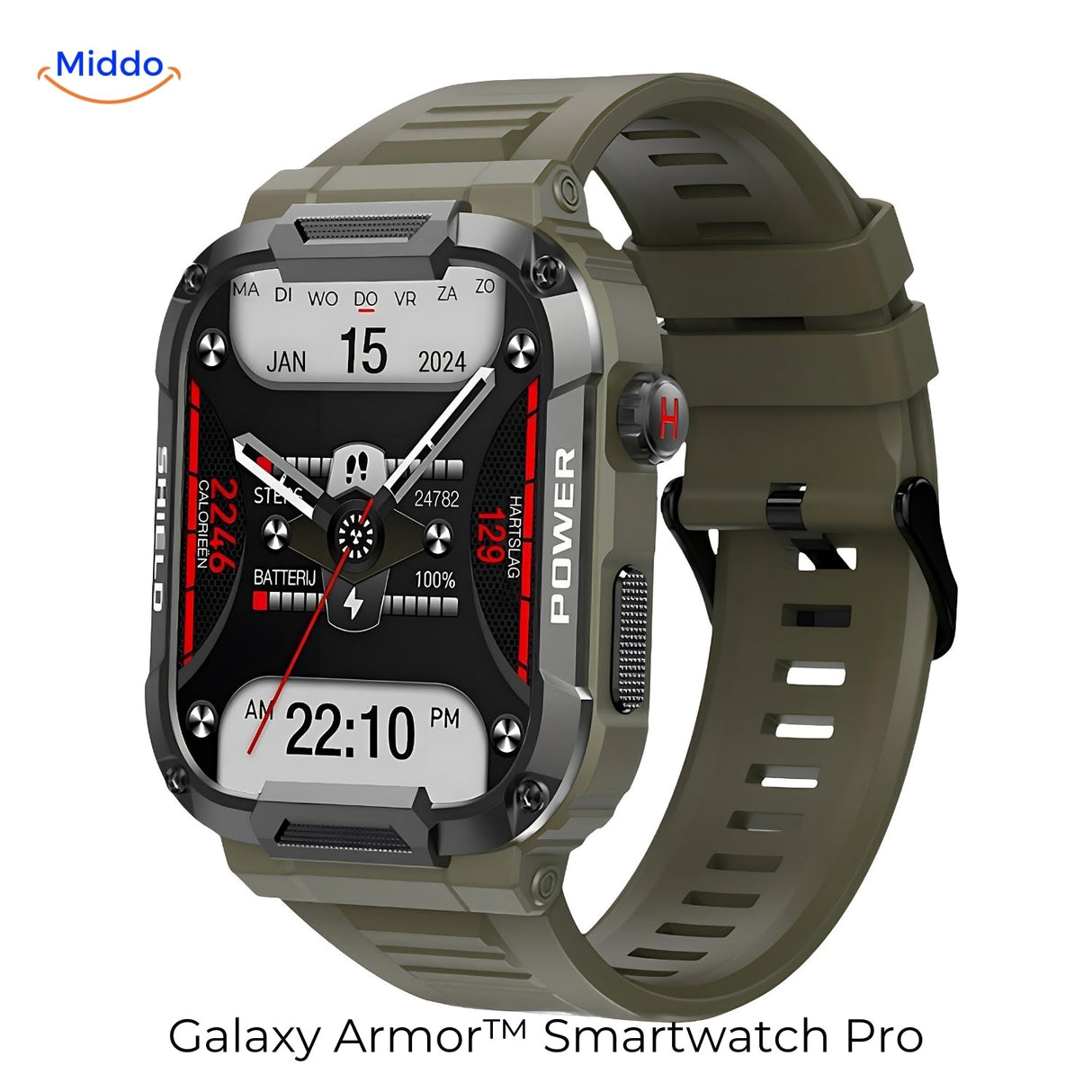 montre connectée galaxy armor pro coloris vert militaire, compatible iOS et Android