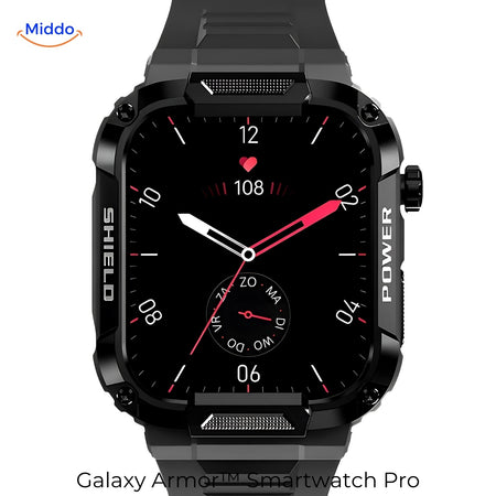 gros plan sur l'écran de la montre connectée galaxy armor pro noire, interface claire et lisible