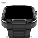 montre connectée galaxy armor pro noire avec écran allumé affichant l'heure et les données