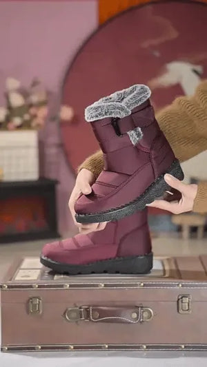 bottes de neige rouges étanches avec fourrure, imperméables et antidérapantes