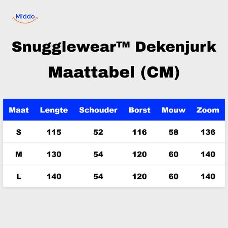snugglewear dekenjurk maattabel s m l cm informatie www.middo.nl