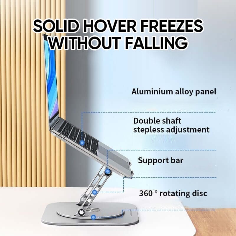 Stevige aluminium laptopstandaard met 360° draaibare schijf.
