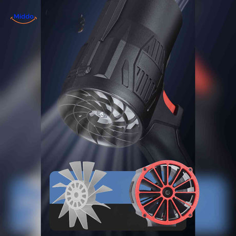 gros plan sur le double systeme d'helices du souffleur portable pour un debit d'air maximal