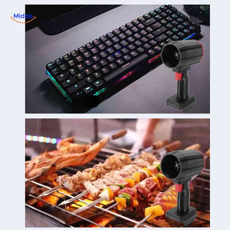 souffleur rechargeable nettoie un clavier gaming et peut allumer un barbecue en quelques secondes