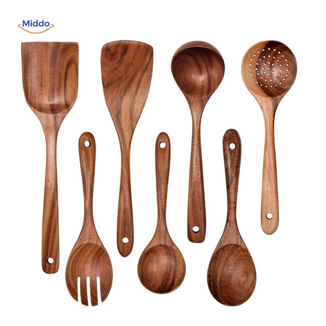 set classique de spatules et cuillères en bois de teck, ustensiles cuisine durables