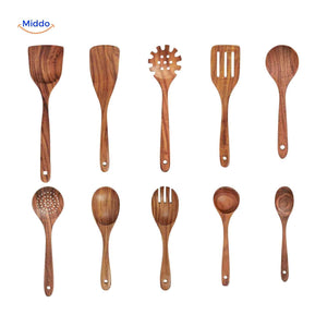 set complet de 10 pièces en bois de teck : spatules et cuillères pour toute la cuisine