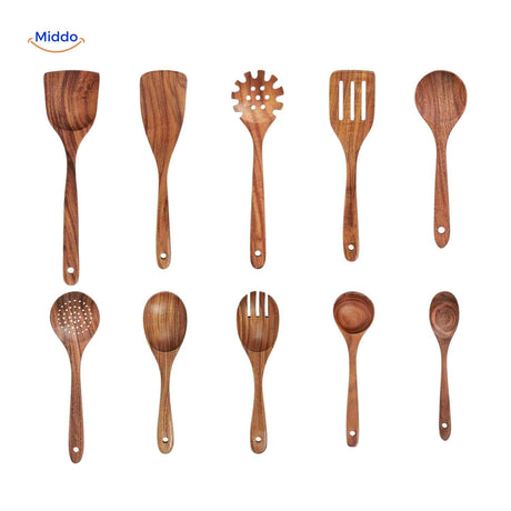 set complet de 10 pièces en bois de teck : spatules et cuillères pour toute la cuisine