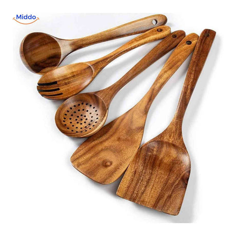 set de 5 spatules et cuillères en bois de teck pour la cuisine, kit complet