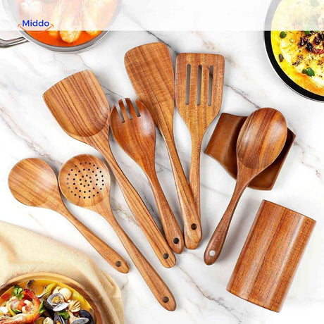 set de spatules en bois de teck avec porte-ustensiles, idéal pour la cuisine durable
