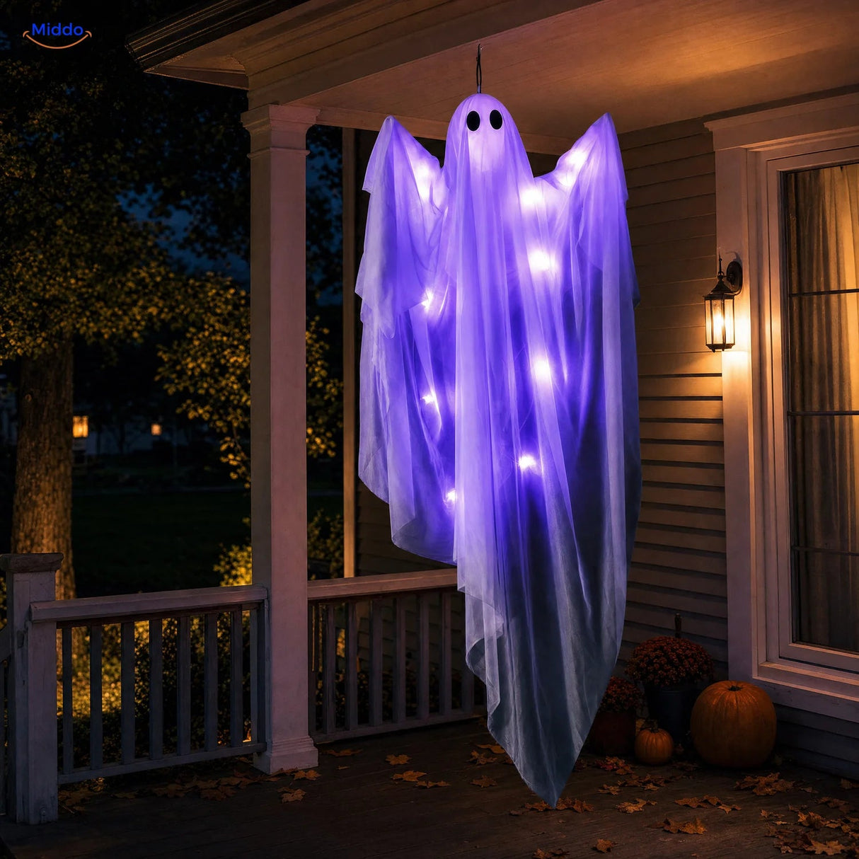 SpookGlow™ avec guirlande lumineuse violette, fantôme d’Halloween suspendu d’env. 119 cm présenté en intérieur