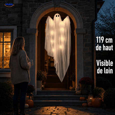 SpookGlow™ avec éclairage fantôme blanc chaud d’env. 119 cm devant une entrée