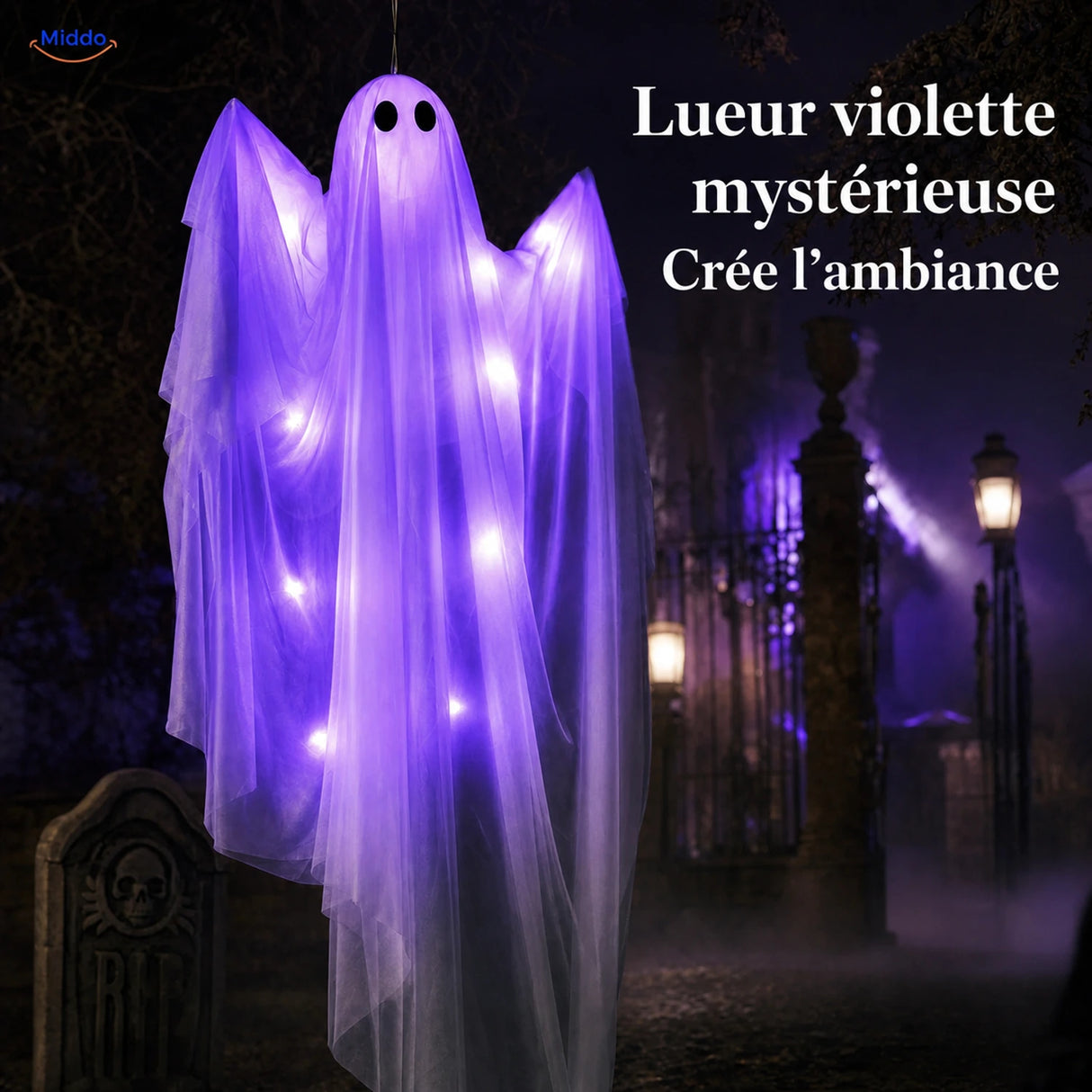 SpookGlow™ avec guirlande lumineuse violette diffusant une lueur fantomatique