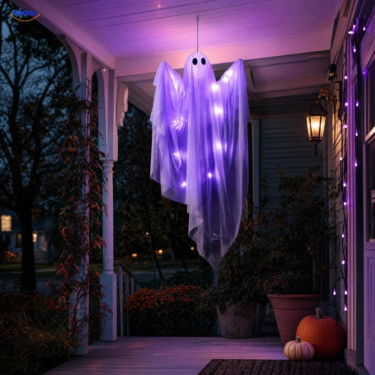 SpookGlow™ avec guirlande lumineuse violette, variante fantôme d’Halloween à suspendre
