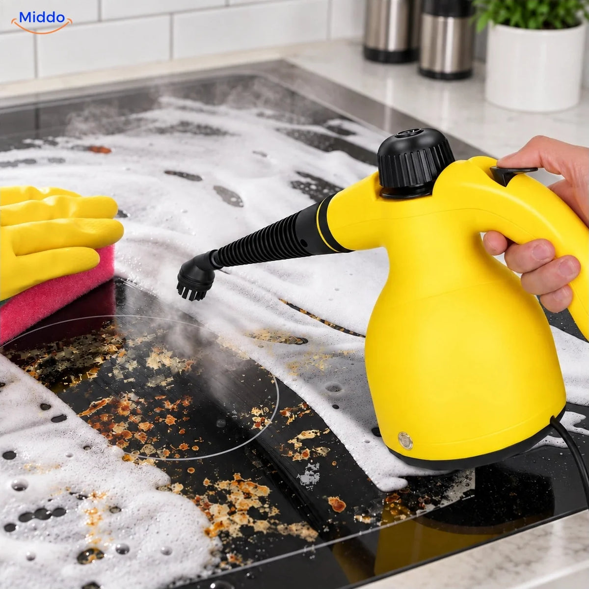 Nettoyeur vapeur à main Steamora avec brosse ronde sur une plaque de cuisson