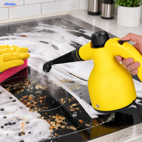 Nettoyeur vapeur à main Steamora avec brosse ronde sur une plaque de cuisson