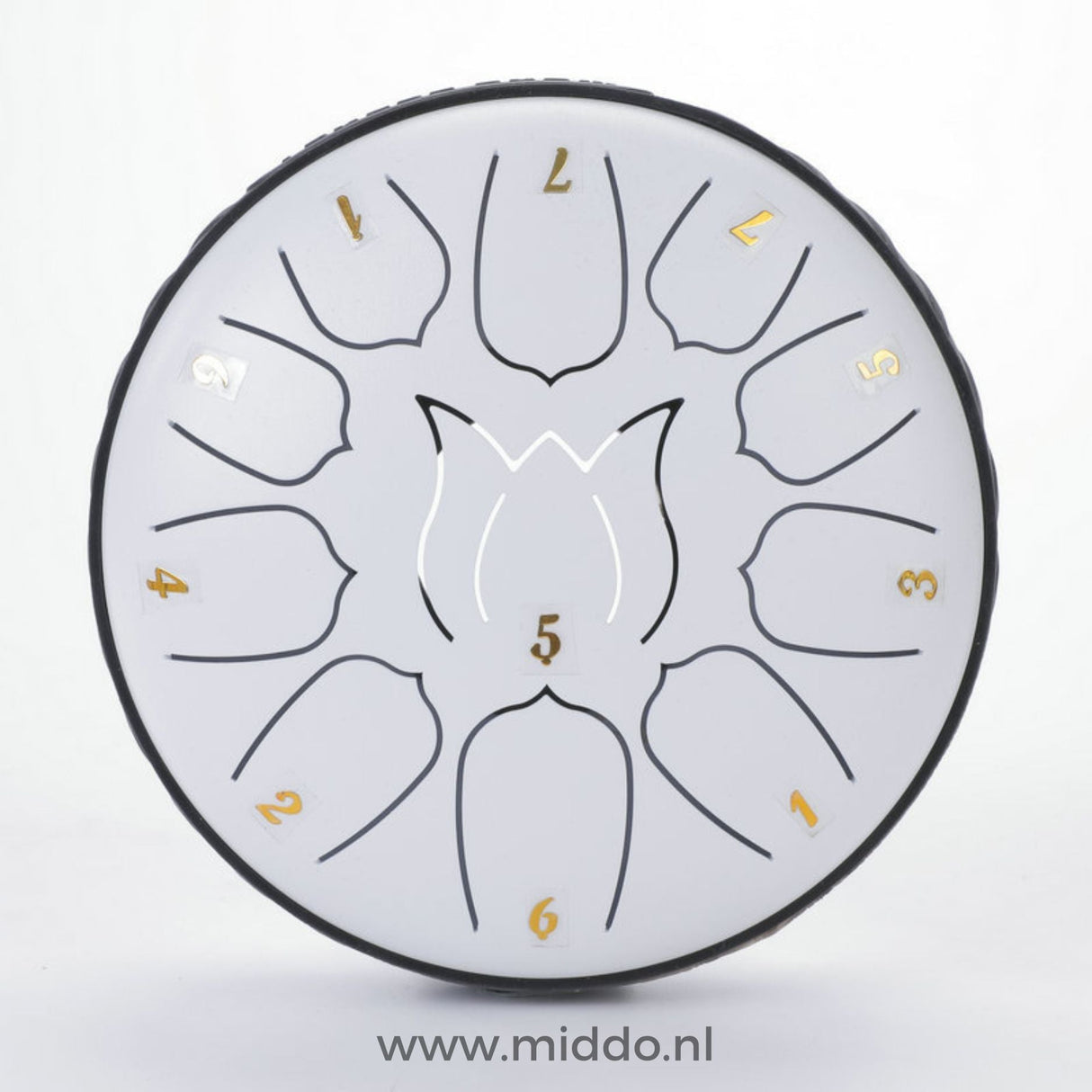 steel tongue drum blanc 15 cm avec notes chiffrées sur fond blanc