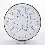 steel tongue drum blanc 15 cm avec notes chiffrées sur fond blanc