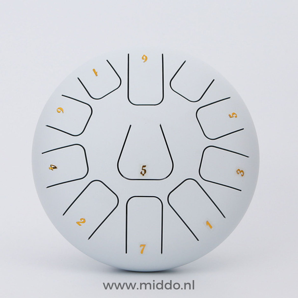 steel tongue drum blanc 20-25 cm avec notes chiffrées sur fond blanc