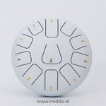 steel tongue drum blanc 20-25 cm avec notes chiffrées sur fond blanc