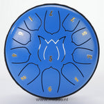 steel tongue drum bleu 15 cm avec notes chiffrées sur fond blanc