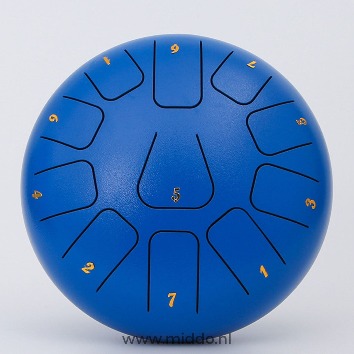 steel tongue drum bleu 20-25 cm avec notes chiffrées sur fond blanc