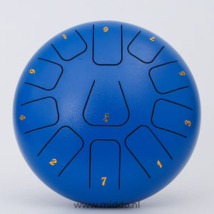 steel tongue drum bleu 20-25 cm avec notes chiffrées sur fond blanc