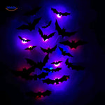 stickers chauves-souris 3d led bleu et violet sur mur, décoration halloween bicolore lumineuse