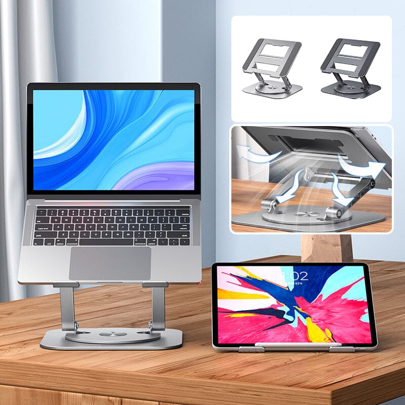 ordinateur portable et tablette sur supports réglables installés sur un bureau en bois