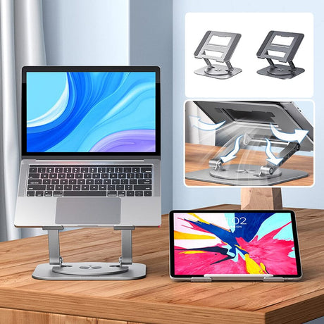 ordinateur portable et tablette sur supports réglables installés sur un bureau en bois