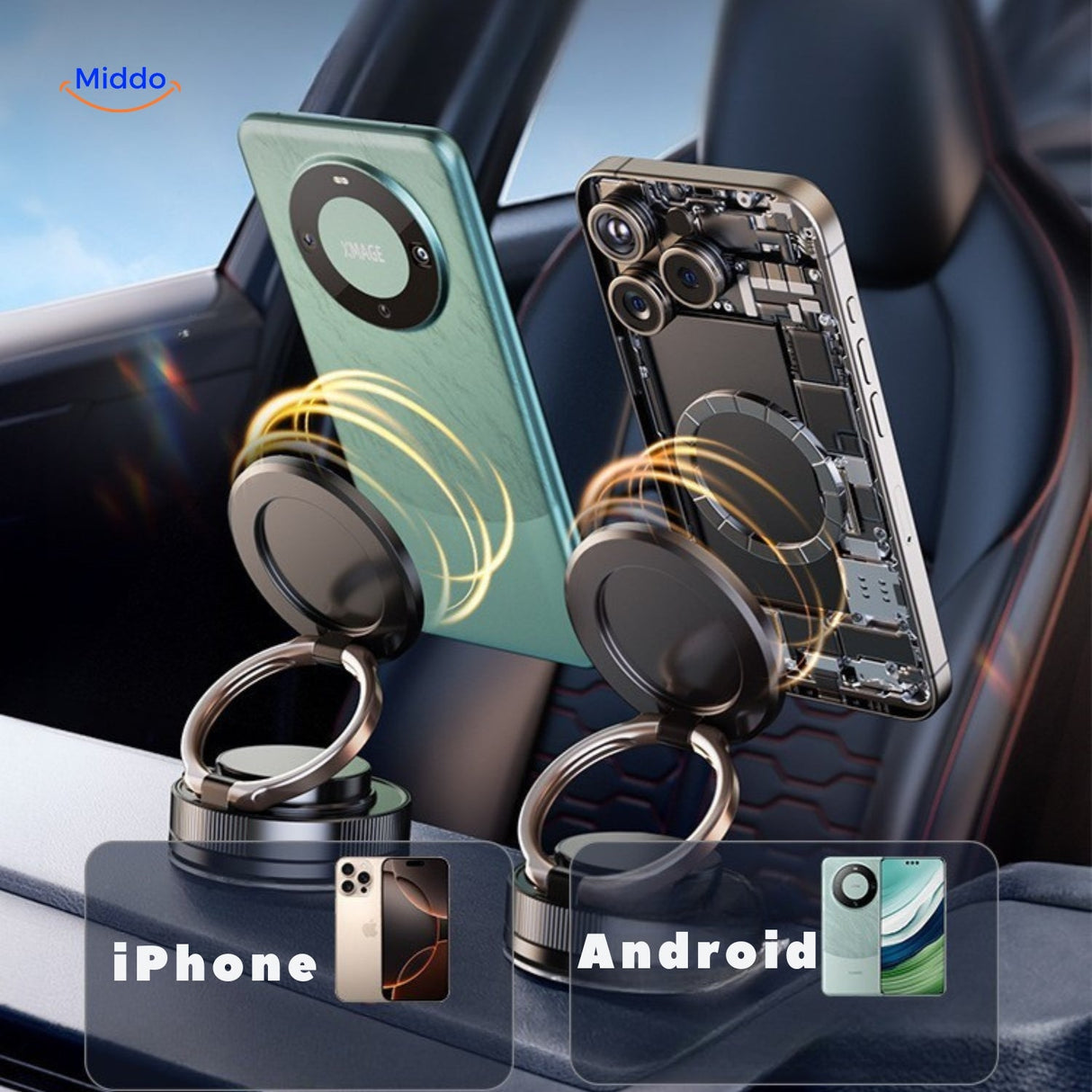 support magnétique universel compatible iPhone et Android, s'adapte à tous les smartphones courants
