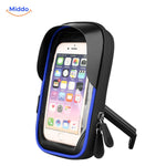 support téléphone moto finition bleue avec béquille déployée, en situation