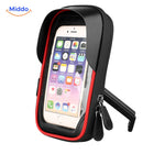 support téléphone moto finition rouge avec béquille déployée, en situation