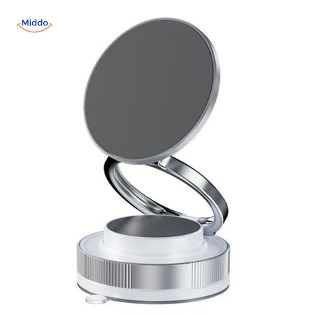 support téléphone magnétique pliable en coloris argent, design sobre et premium pour bureau ou voiture