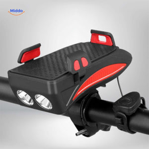 gadget vélo 4-en-1 support téléphone powerbank lumière klaxon en coloris noir