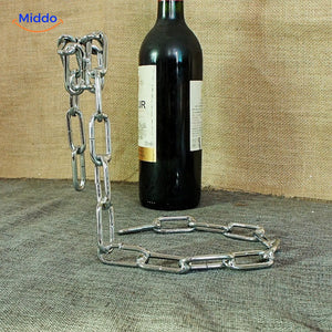 support bouteille de vin avec chaîne argentée, finition métallique élégante