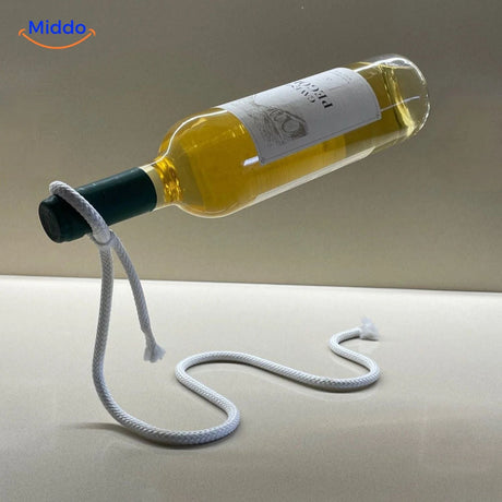 support bouteille de vin sur corde, présentation décorative originale en intérieur