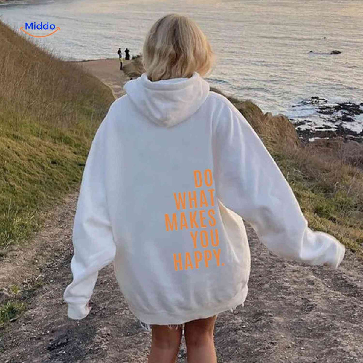 sweat à capuche oversize blanc avec inscription do what makes you happy en orange