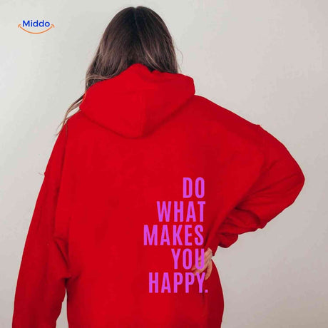 sweat à capuche oversize rouge avec inscription do what makes you happy en violet
