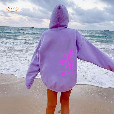 sweat à capuche oversize violet avec inscription do what makes you happy en rose