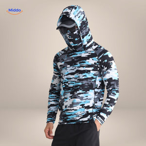 t-shirt protection solaire coloris camouflage bleu-gris respirant pour la pêche et randonnée