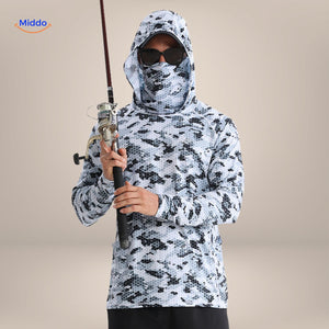 t-shirt anti-uv motif nid d'abeille camouflage bleu avec canne à pêche dans la nature