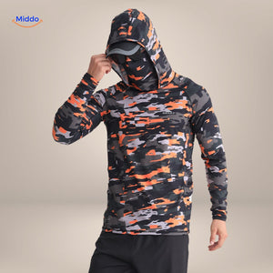 t-shirt protection solaire camouflage orange et noir pour la chasse et activités en extérieur
